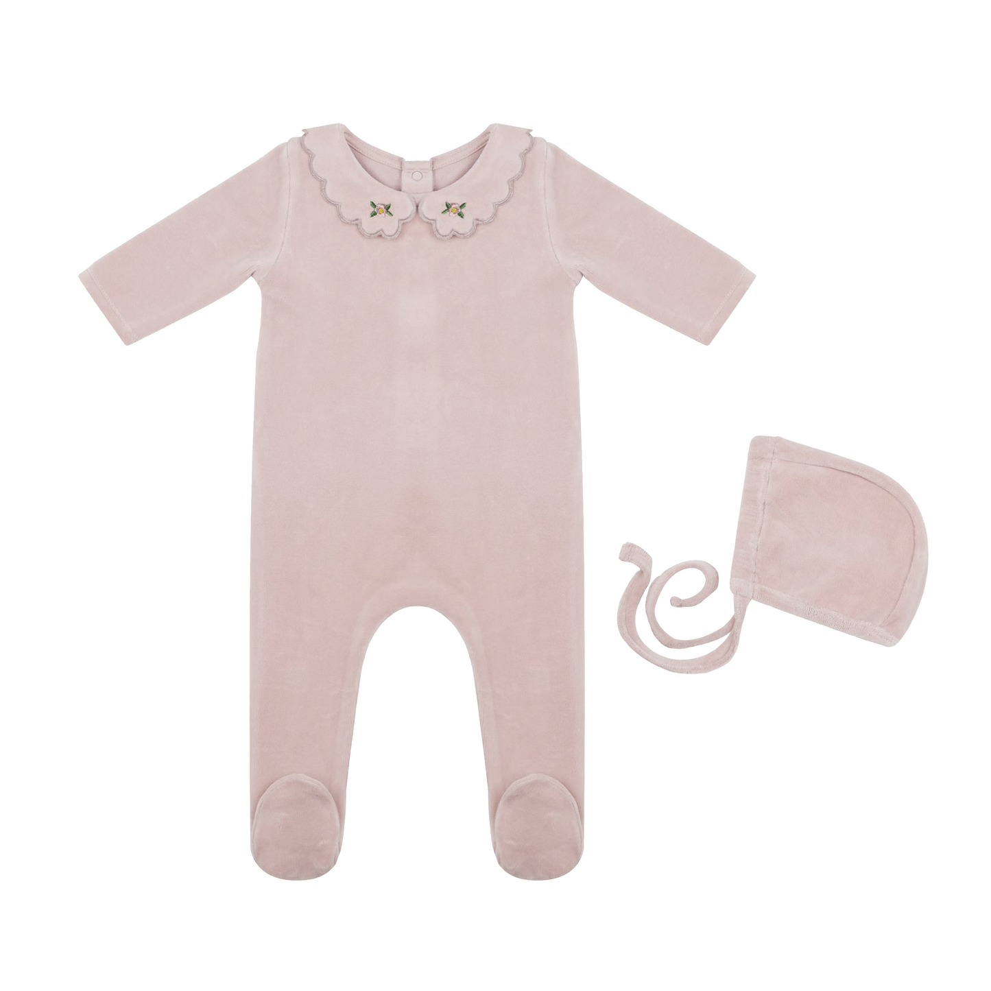 Embroidered Collar Velour Footie and Bonnet