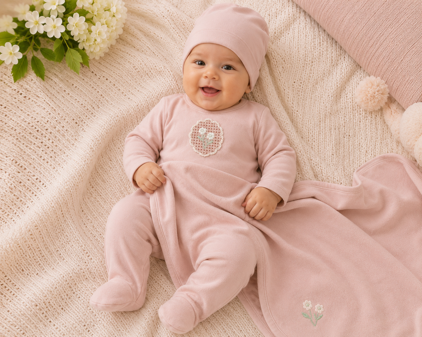 Cotton baby footie with crochet appliqué and matching bonnet