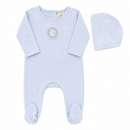 Cotton baby footie with crochet appliqué and matching bonnet