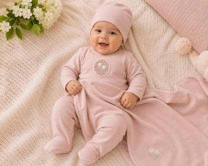 White cotton baby layette set with crochet appliqué detail and bonnet