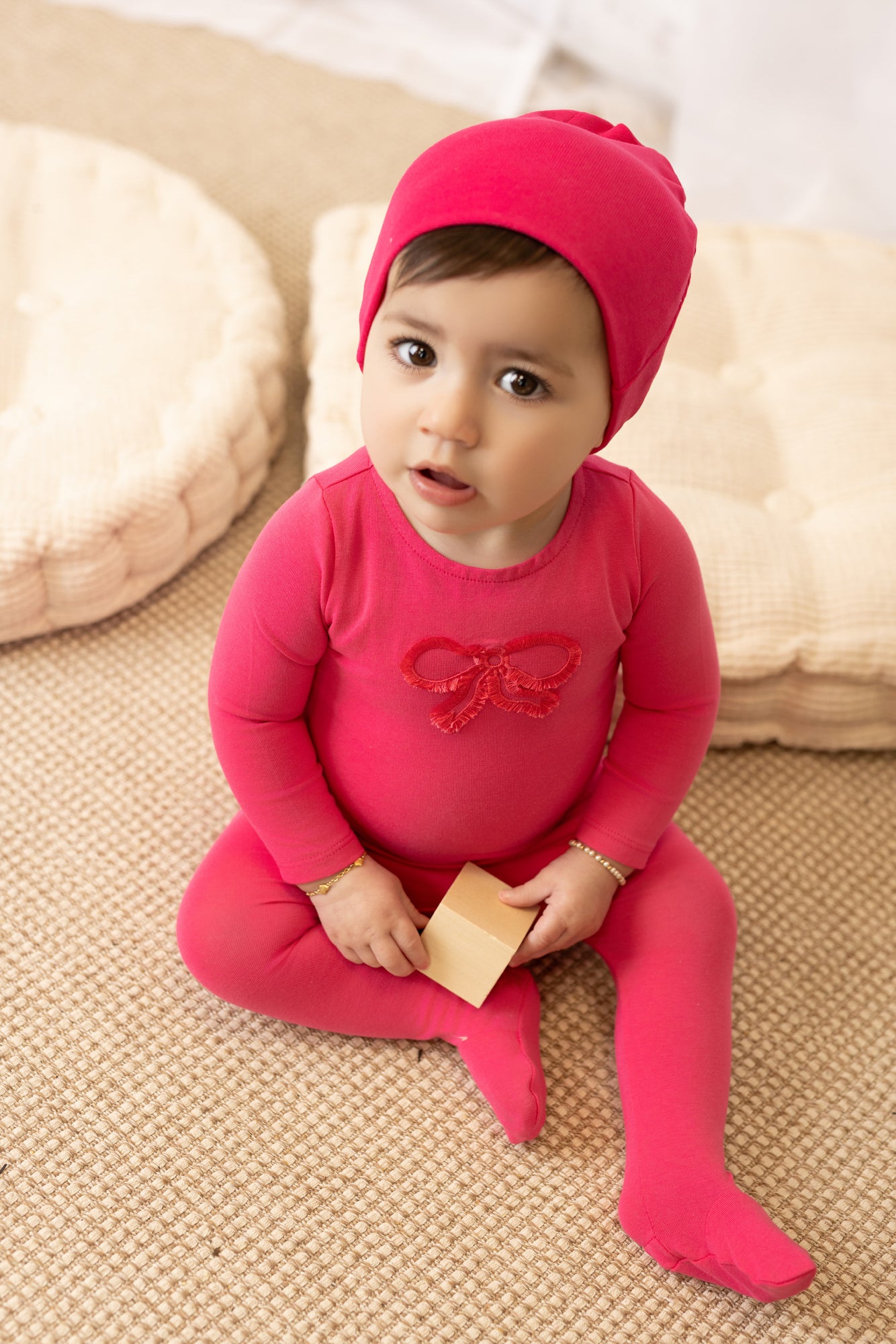Baby footie with fringe trim detail in soft cotton-spandex by Tricot Bebe
