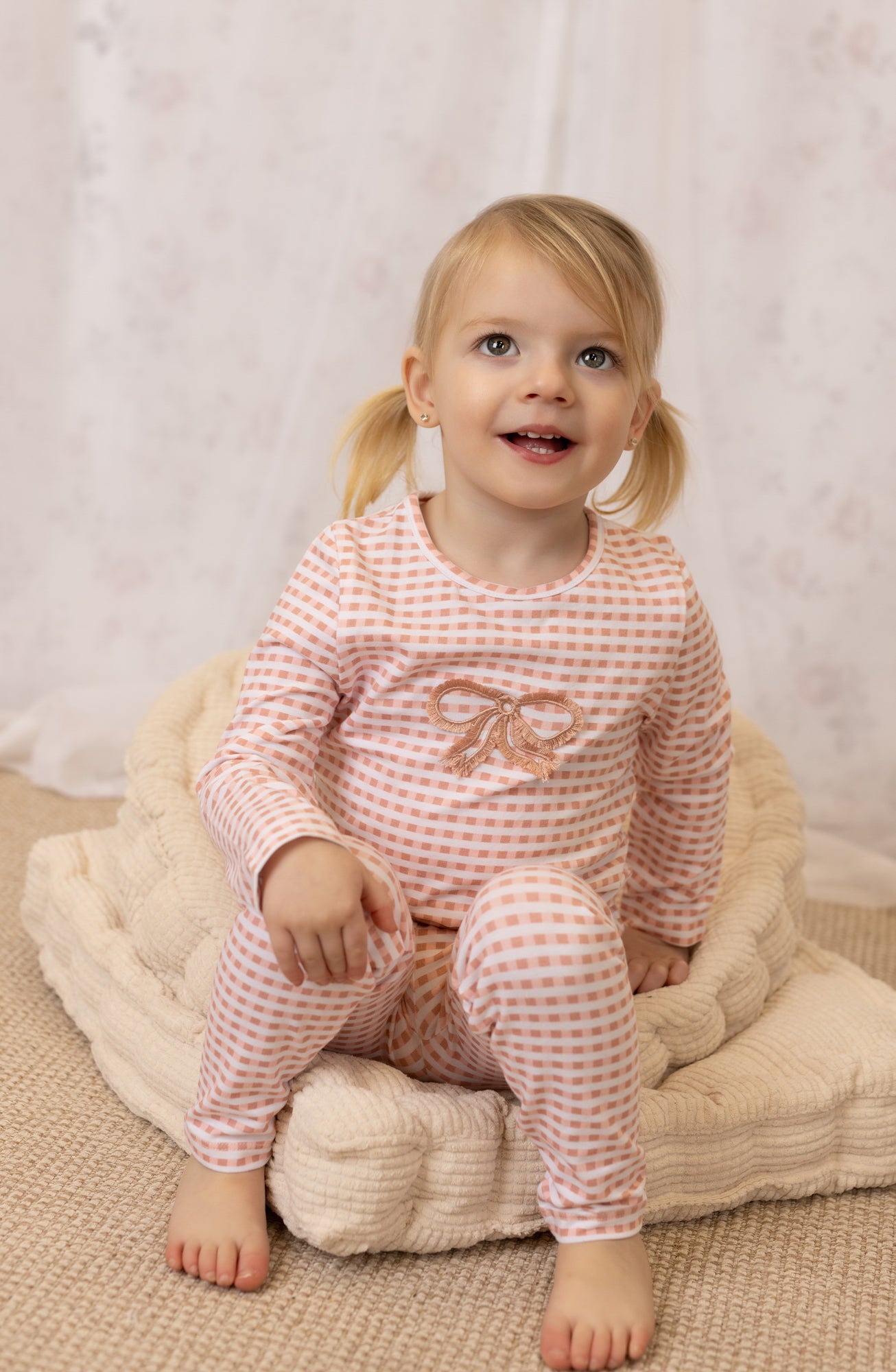 Checked fringe baby pajama 2-piece set in cotton-spandex, blue and pink