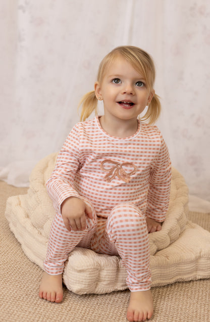 Checked fringe baby pajama 2-piece set in cotton-spandex, blue and pink