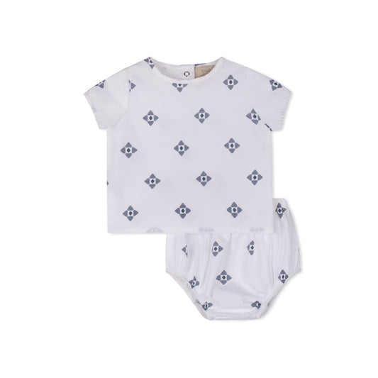 Geometric print baby 2-piece short set in cotton-spandex by Tricot Bebe