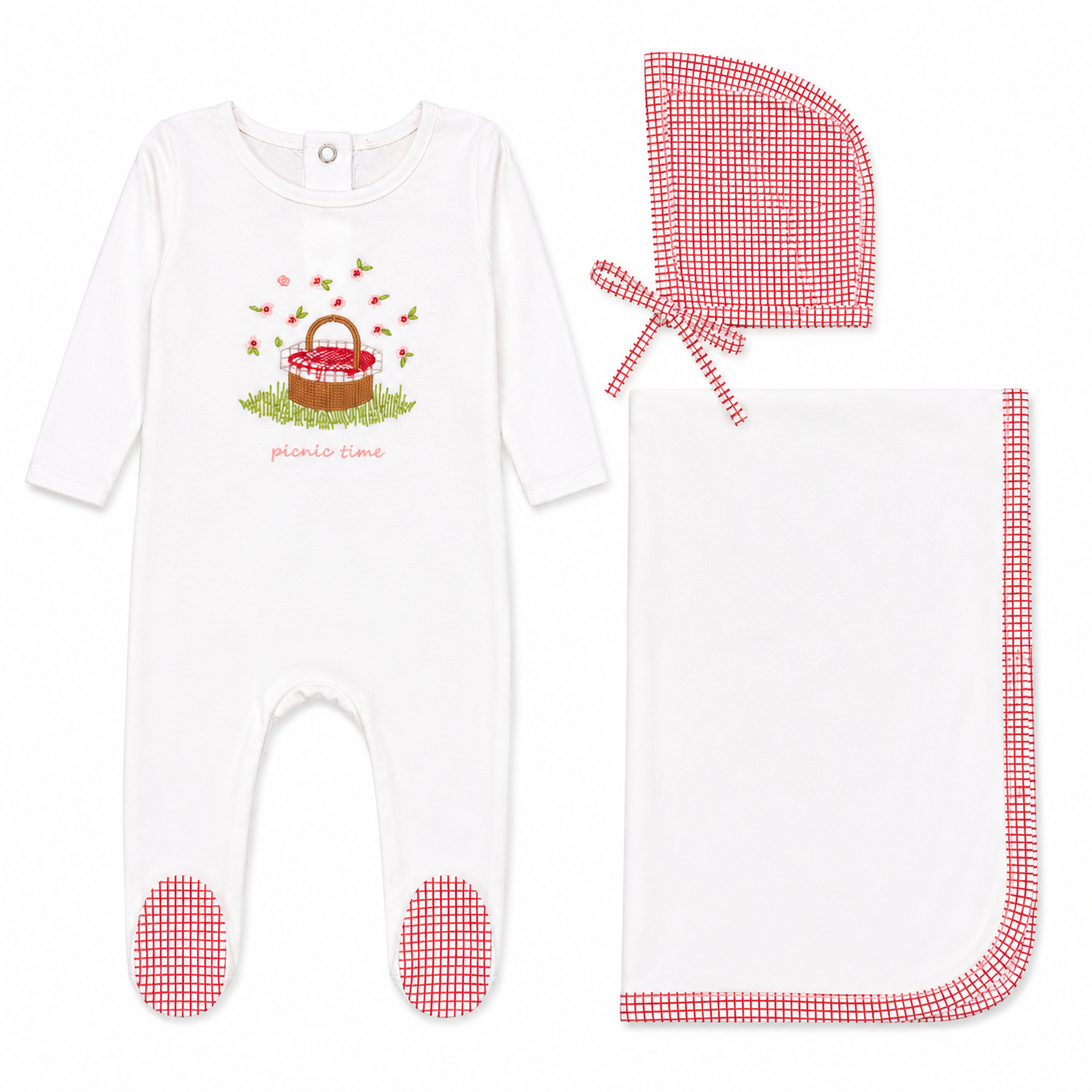 Picnic basket print baby layette set in cotton-spandex, blue and red