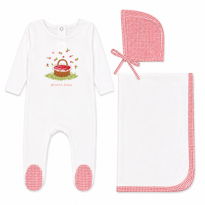 Picnic basket print baby layette set in cotton-spandex, blue and red