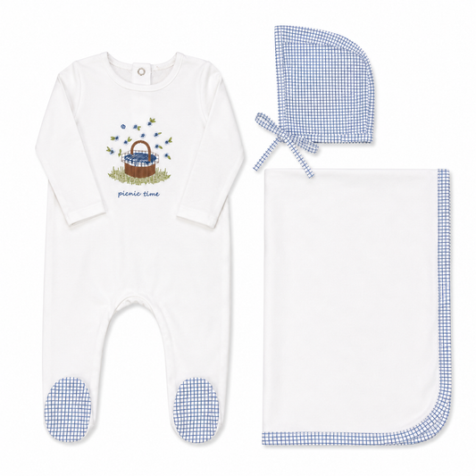Picnic basket print baby layette set in cotton-spandex, blue and red