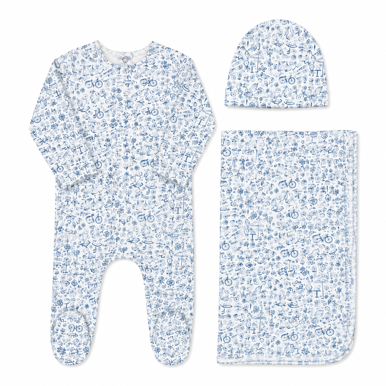 Summer print baby layette set in cotton-spandex, blue and pink colorways