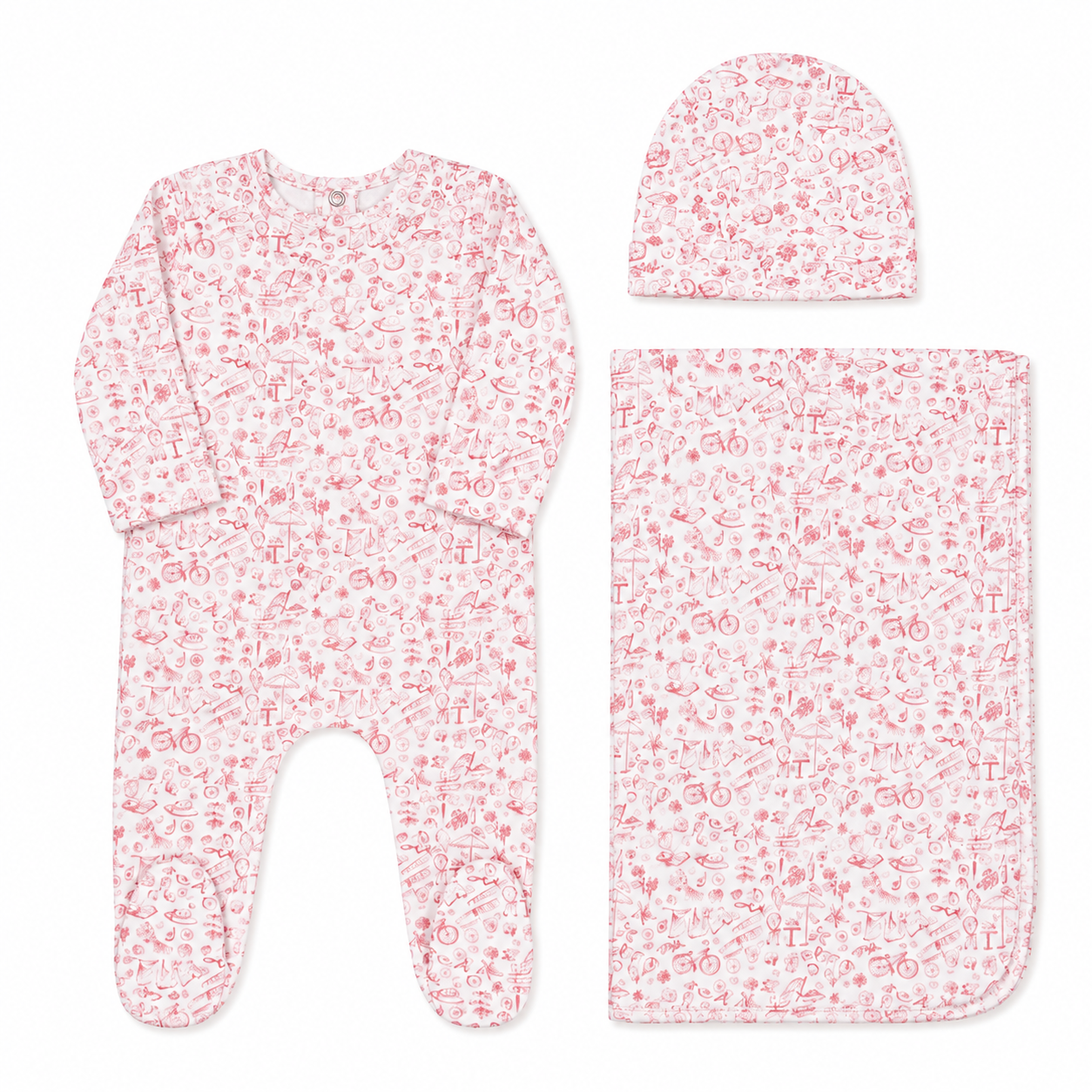 Summer print baby layette set in cotton-spandex, blue and pink colorways