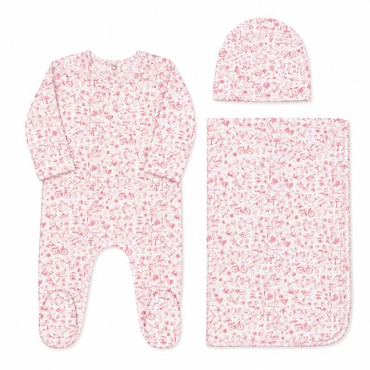 Summer print baby layette set in cotton-spandex, blue and pink colorways