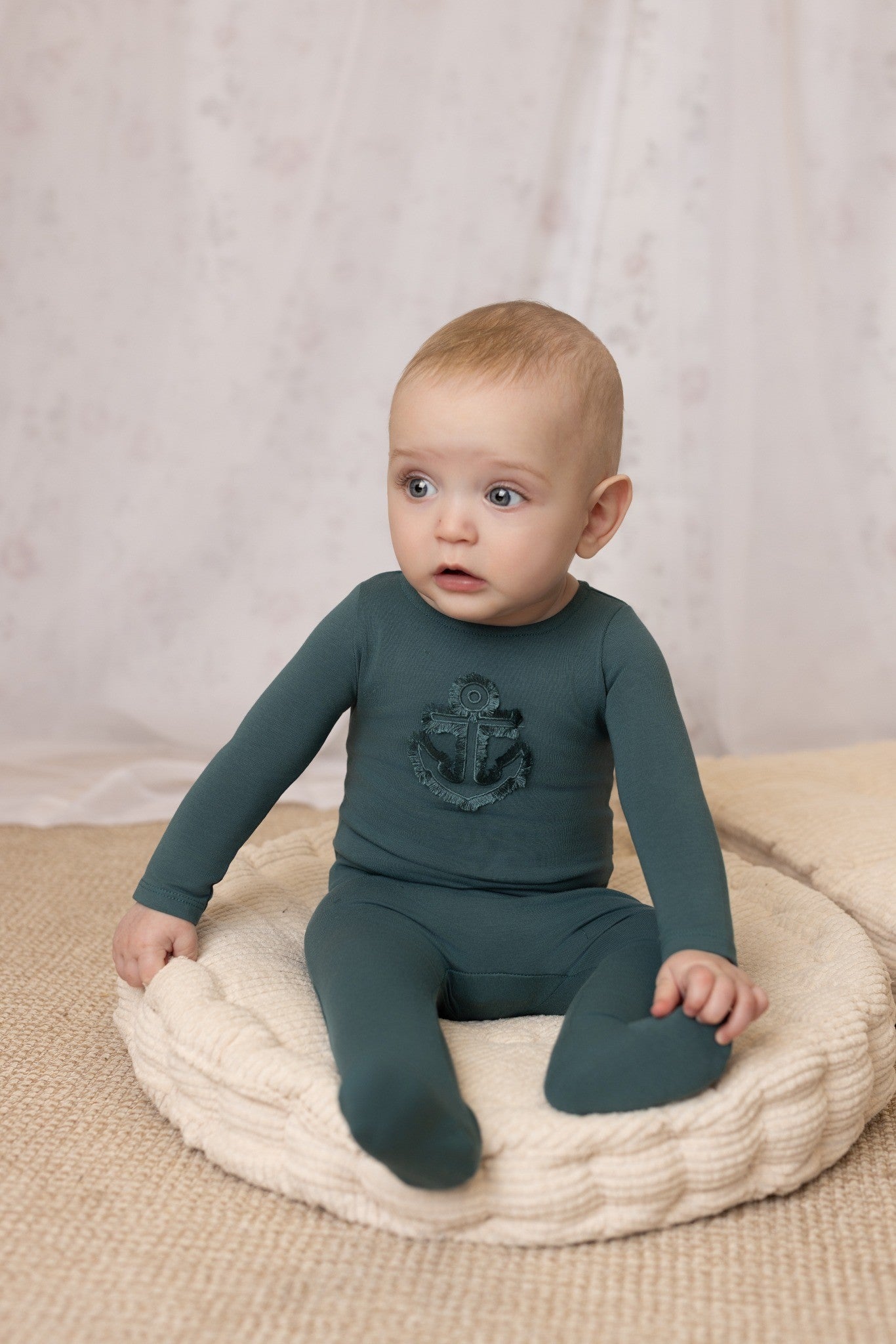 Baby footie with fringe trim detail in soft cotton-spandex by Tricot Bebe