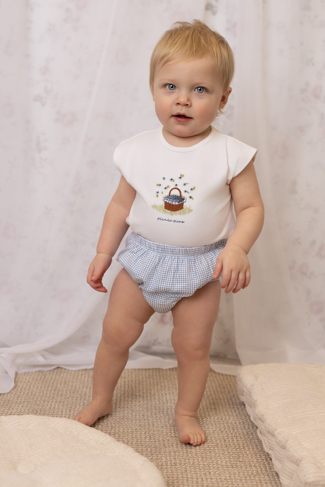 Picnic basket print baby 2-piece short set in cotton-spandex, Tricot Bebe