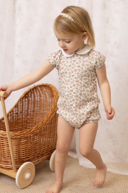 Liberty floral print baby short romper in fine cotton-spandex by Tricot Bebe